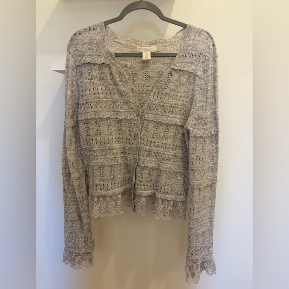 Caroline Constas Gray Openwork Knit Cardigan with Lace Trim
